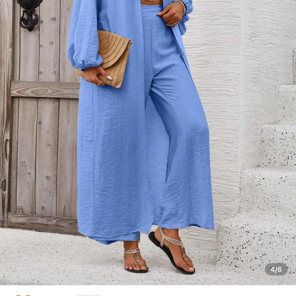 SHEIN Blue Wide Leg Pants Flowy High-Waisted Design 2 pice set brand new size - Picture 3 of 10